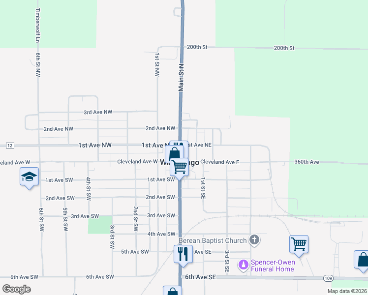 map of restaurants, bars, coffee shops, grocery stores, and more near 36 Main Street North in Winnebago