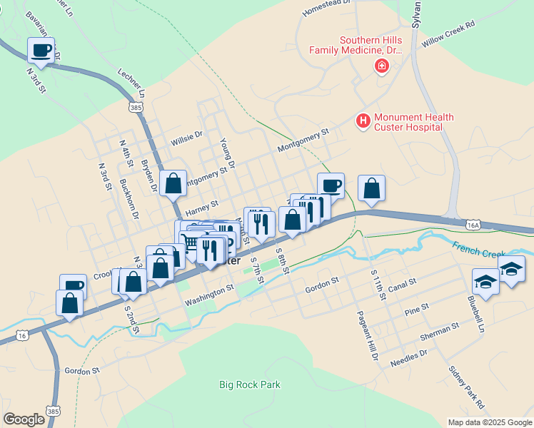 map of restaurants, bars, coffee shops, grocery stores, and more near 98 N 8th St in Custer