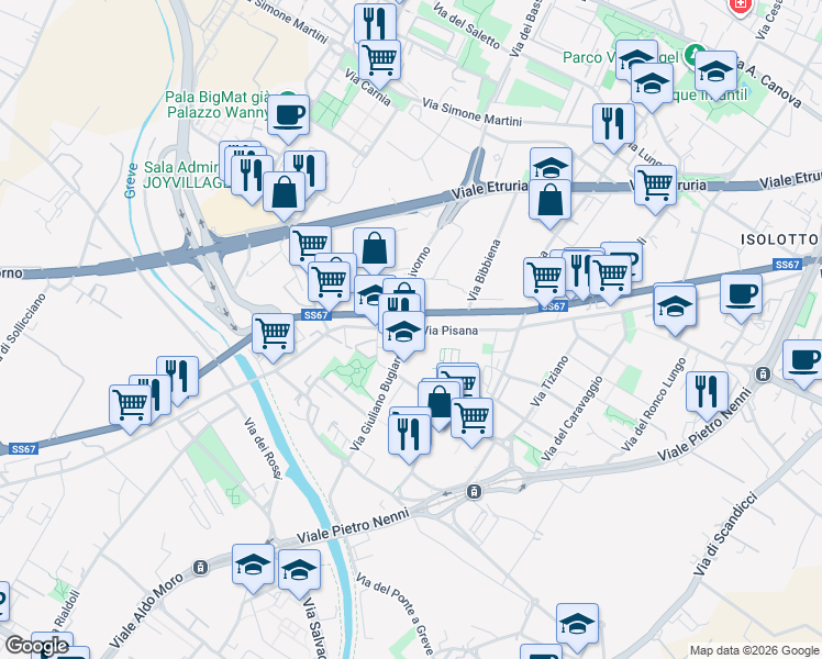 map of restaurants, bars, coffee shops, grocery stores, and more near 798 Via Pisana in Florence