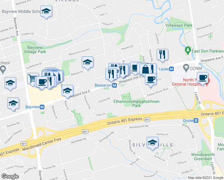 map of restaurants, bars, coffee shops, grocery stores, and more near 65 Bessarion Road in Toronto