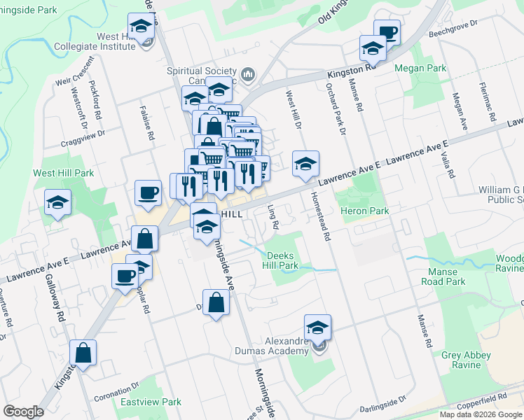 map of restaurants, bars, coffee shops, grocery stores, and more near 140 Ling Road in Toronto