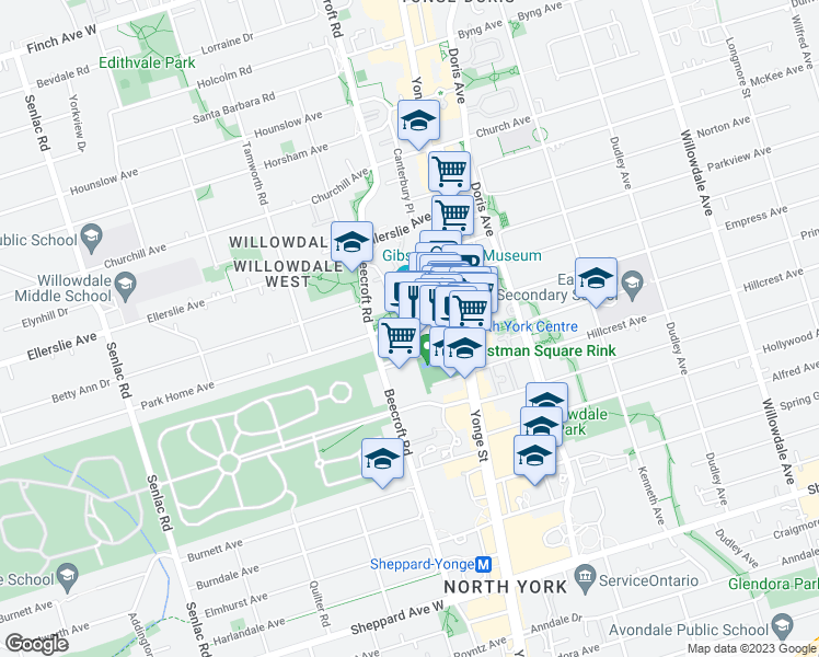 map of restaurants, bars, coffee shops, grocery stores, and more near 5 Park Home Avenue in Toronto