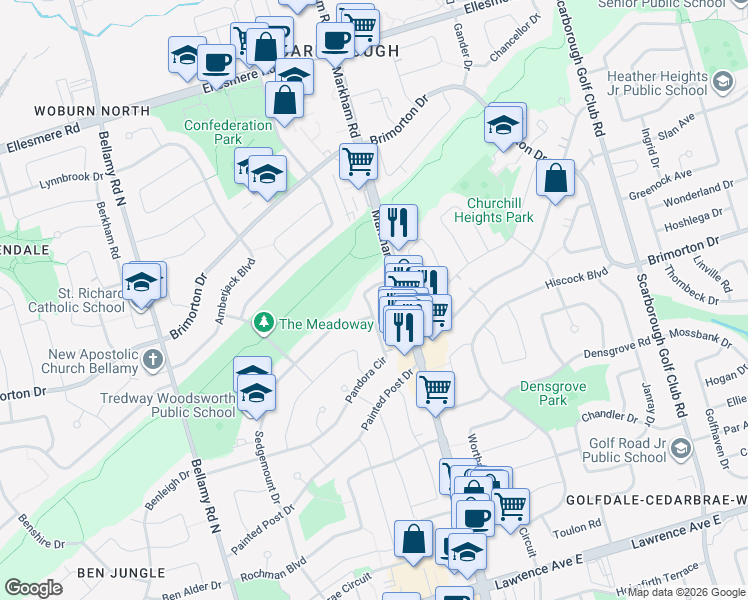 map of restaurants, bars, coffee shops, grocery stores, and more near 143 Pandora Circle in Toronto