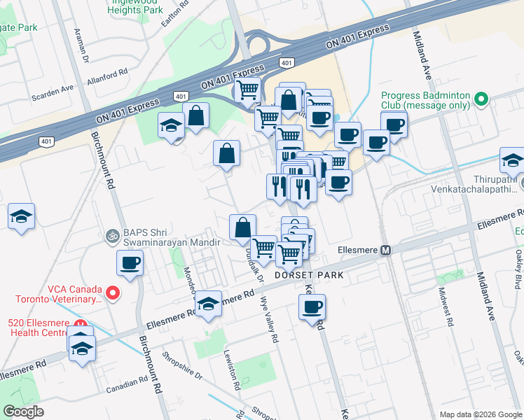 map of restaurants, bars, coffee shops, grocery stores, and more near 5 Glamorgan Avenue in Toronto
