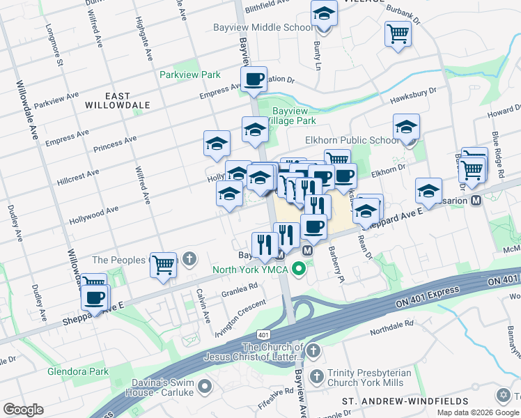 map of restaurants, bars, coffee shops, grocery stores, and more near in Toronto