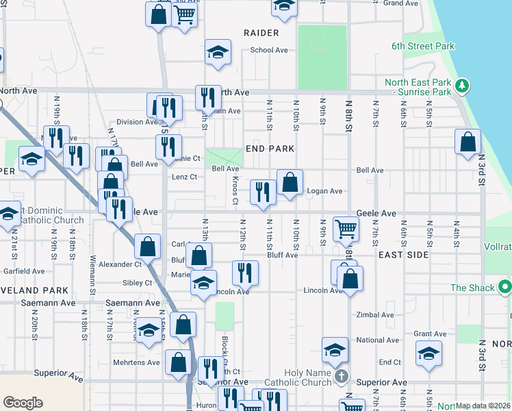 map of restaurants, bars, coffee shops, grocery stores, and more near 1114 Geele Avenue in Sheboygan