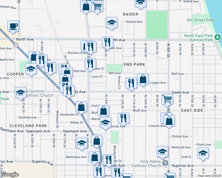 map of restaurants, bars, coffee shops, grocery stores, and more near in Sheboygan