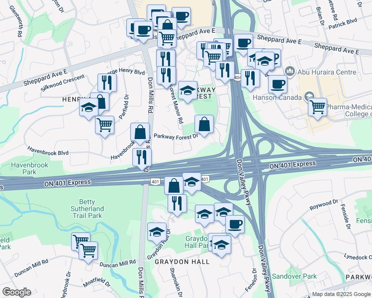map of restaurants, bars, coffee shops, grocery stores, and more near 79 Village Greenway in Toronto