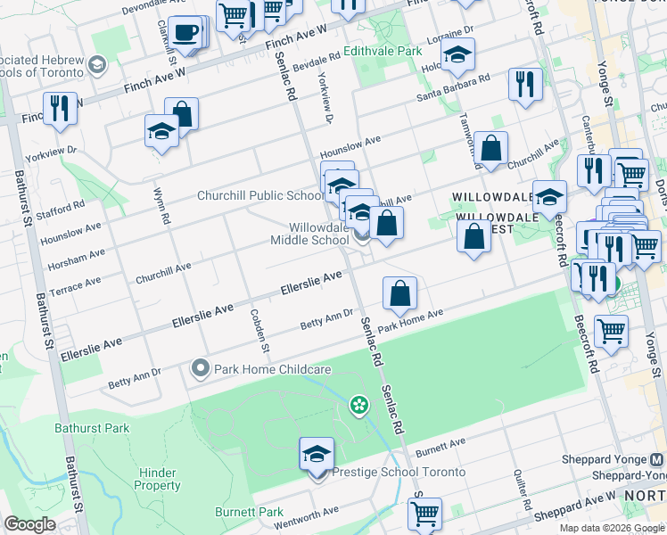 map of restaurants, bars, coffee shops, grocery stores, and more near 280 Ellerslie Avenue in Toronto