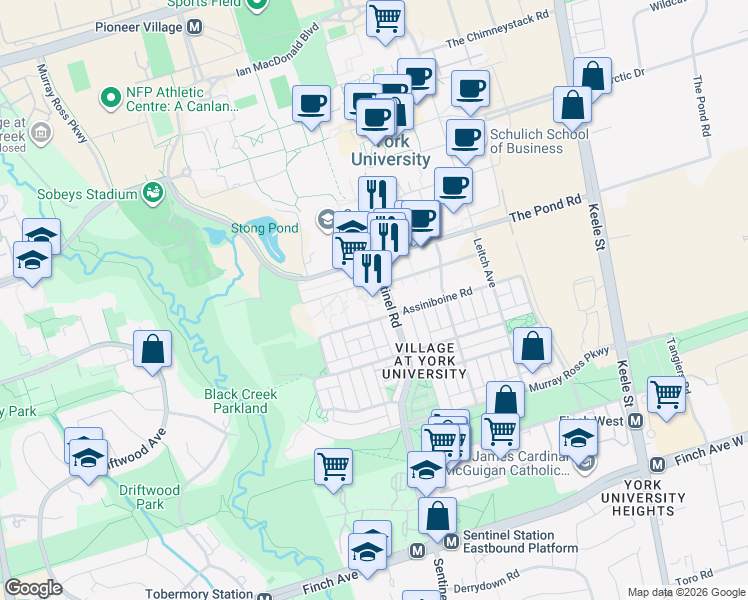 map of restaurants, bars, coffee shops, grocery stores, and more near 320 Assiniboine Road in Toronto