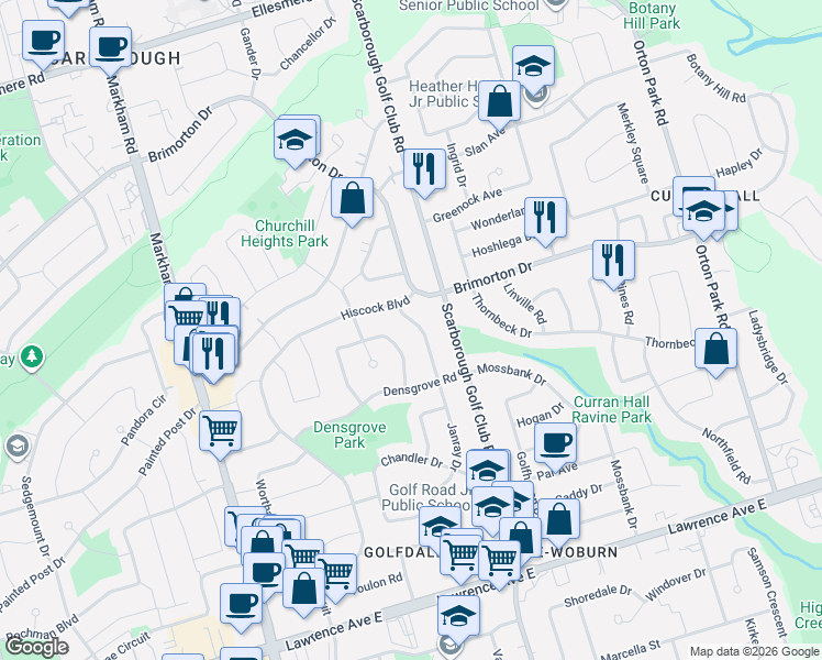 map of restaurants, bars, coffee shops, grocery stores, and more near 132 Janray Drive in Toronto