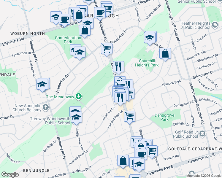 map of restaurants, bars, coffee shops, grocery stores, and more near 147 Pandora Circle in Toronto