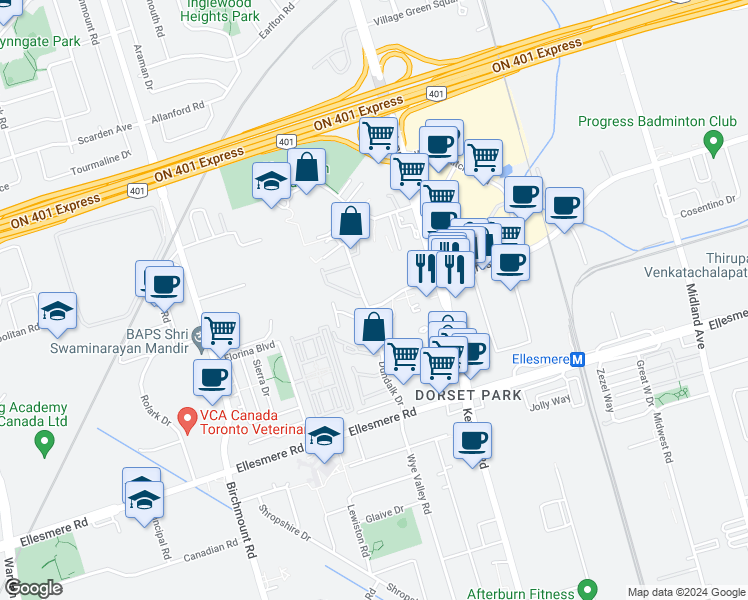 map of restaurants, bars, coffee shops, grocery stores, and more near 45 Dundalk Drive in Toronto