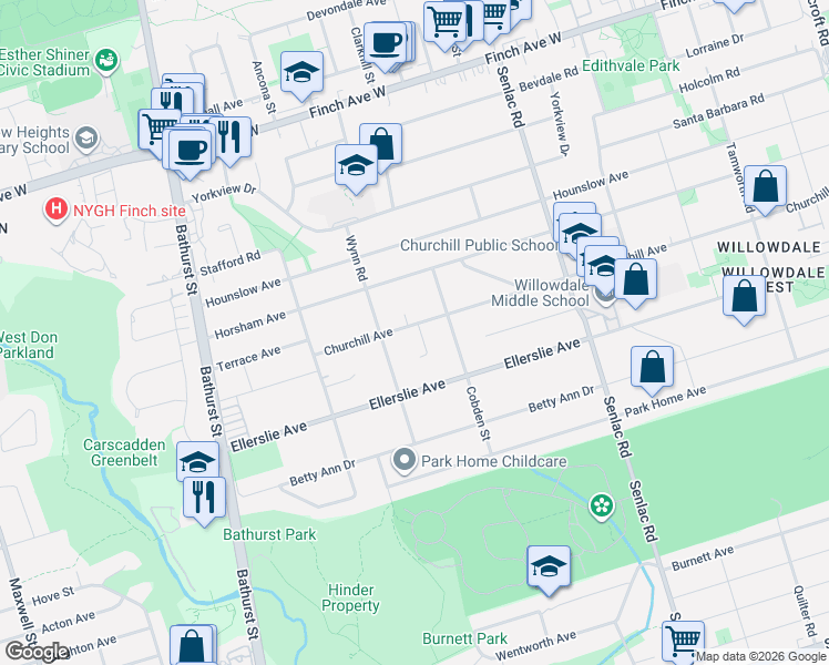 map of restaurants, bars, coffee shops, grocery stores, and more near 285 Churchill Avenue in Toronto