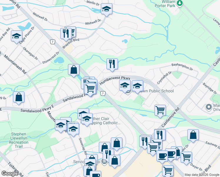 map of restaurants, bars, coffee shops, grocery stores, and more near 37 Ridgefield Court in Brampton