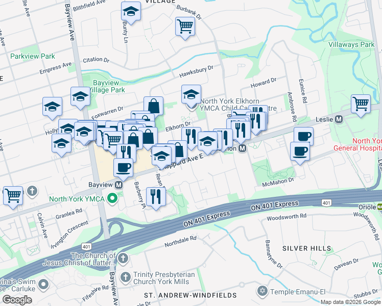 map of restaurants, bars, coffee shops, grocery stores, and more near 676 Sheppard Avenue East in Toronto