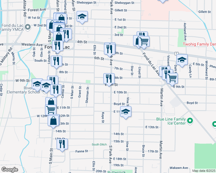 map of restaurants, bars, coffee shops, grocery stores, and more near 187 East 10th Street in Fond du Lac
