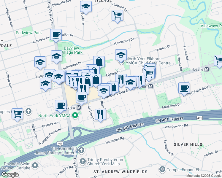 map of restaurants, bars, coffee shops, grocery stores, and more near 660 Sheppard Avenue East in Toronto