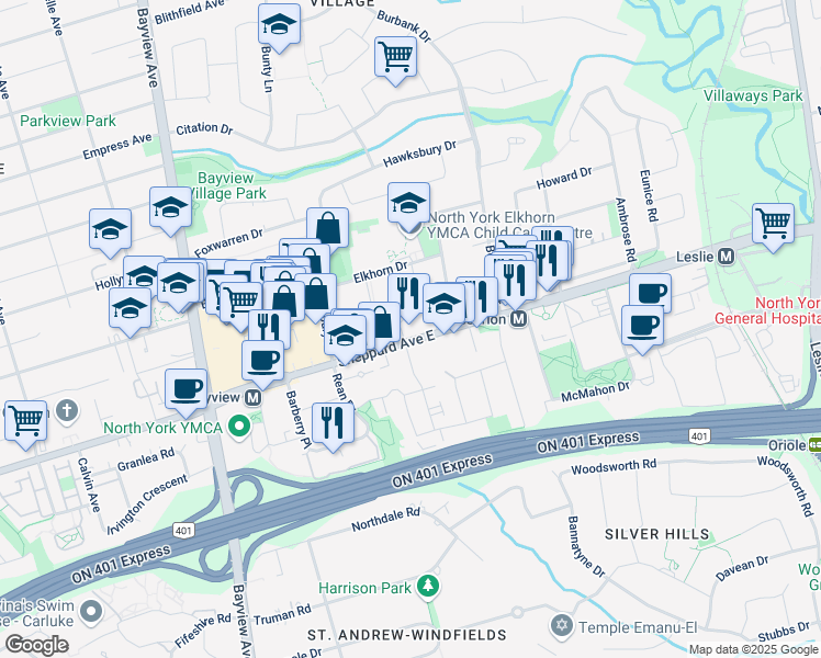 map of restaurants, bars, coffee shops, grocery stores, and more near 676 Sheppard Avenue East in Toronto