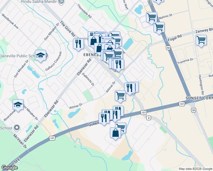 map of restaurants, bars, coffee shops, grocery stores, and more near 85 Attmar Drive in Brampton