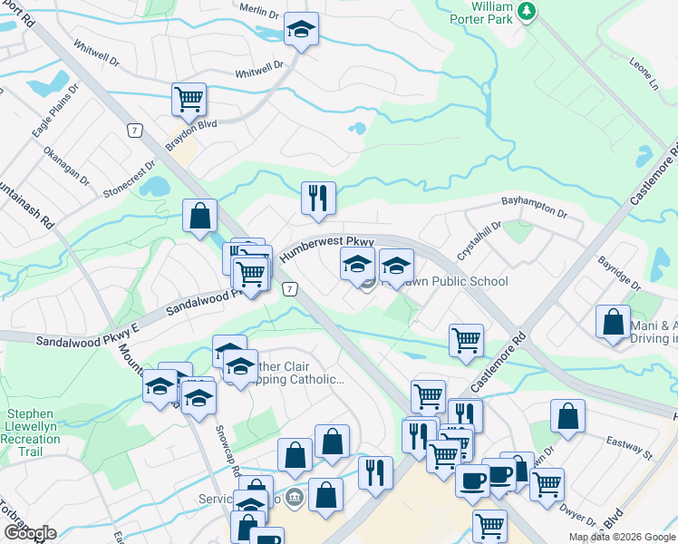 map of restaurants, bars, coffee shops, grocery stores, and more near 12 Ridgefield Court in Brampton
