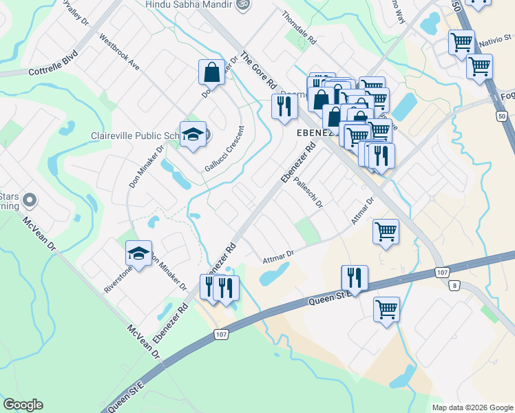 map of restaurants, bars, coffee shops, grocery stores, and more near 4320 Ebenezer Road in Brampton