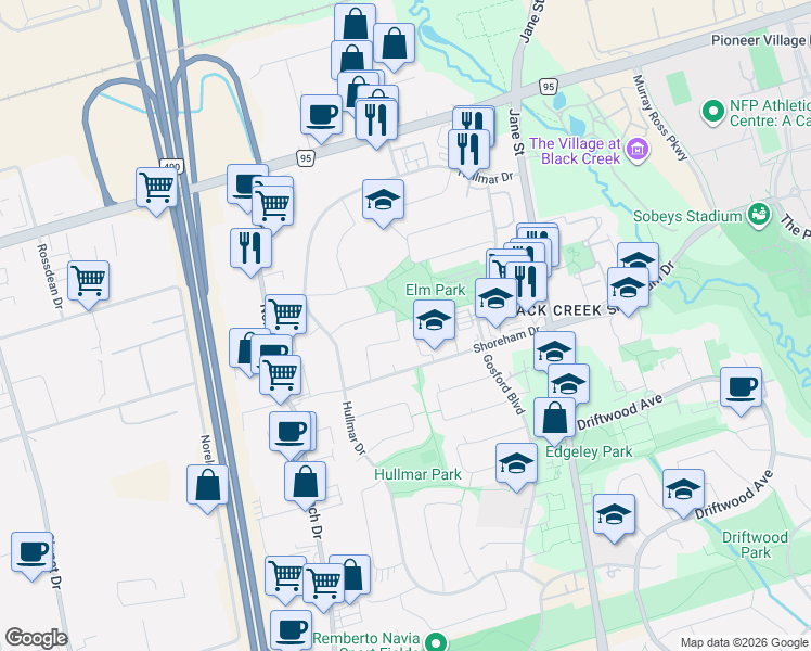 map of restaurants, bars, coffee shops, grocery stores, and more near 61 Bamford Crescent in Toronto