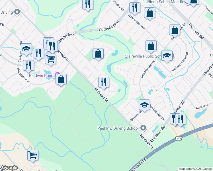 map of restaurants, bars, coffee shops, grocery stores, and more near 25 Hawkridge Trail in Brampton