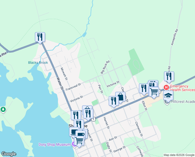 map of restaurants, bars, coffee shops, grocery stores, and more near 59 Transvaal Street in Shelburne