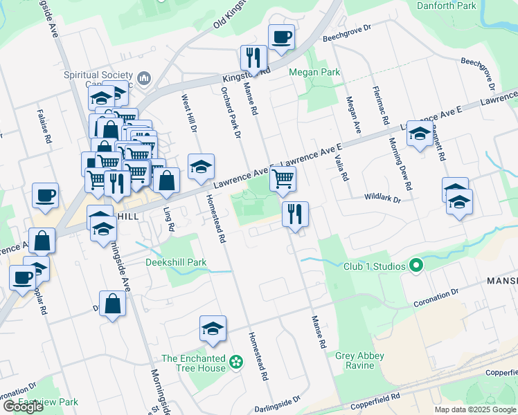 map of restaurants, bars, coffee shops, grocery stores, and more near 292 Manse Road in Toronto