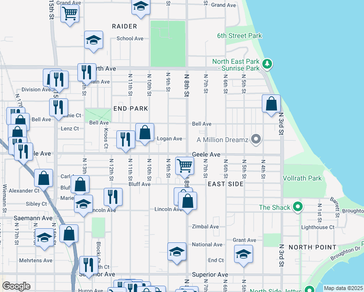 map of restaurants, bars, coffee shops, grocery stores, and more near in Sheboygan