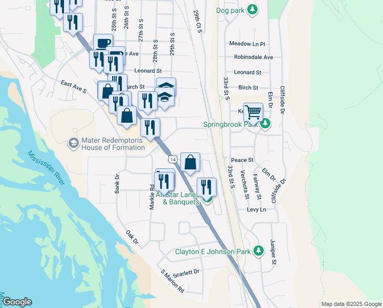 map of restaurants, bars, coffee shops, grocery stores, and more near 4527 Mormon Coulee Road in La Crosse