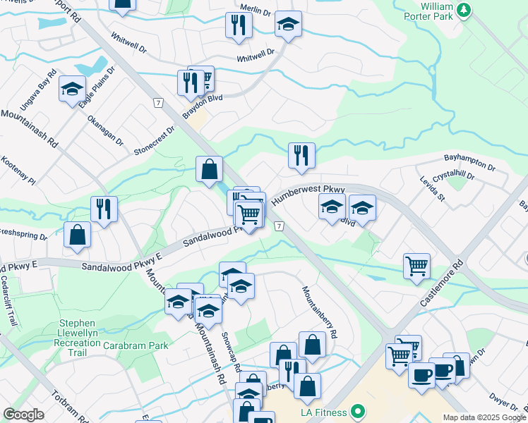 map of restaurants, bars, coffee shops, grocery stores, and more near Airport Rd & Humberwest Pkwy in Brampton