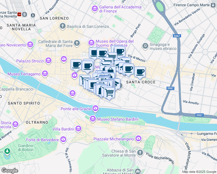 map of restaurants, bars, coffee shops, grocery stores, and more near 16 Piazza Santa Croce in Firenze