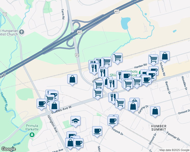 map of restaurants, bars, coffee shops, grocery stores, and more near 40 Hanlan Road in Vaughan