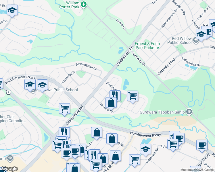 map of restaurants, bars, coffee shops, grocery stores, and more near 8 Bayridge Drive in Brampton