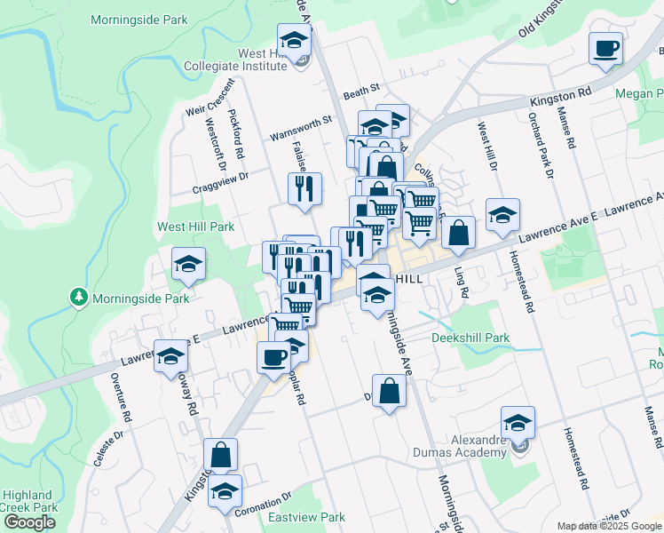 map of restaurants, bars, coffee shops, grocery stores, and more near 1 Falaise Road in Toronto