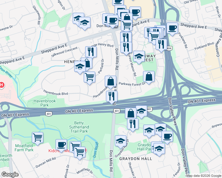 map of restaurants, bars, coffee shops, grocery stores, and more near 95 Havenbrook Boulevard in Toronto