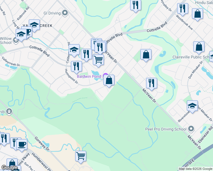 map of restaurants, bars, coffee shops, grocery stores, and more near 13 Summitridge Court in Brampton