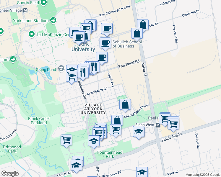 map of restaurants, bars, coffee shops, grocery stores, and more near 255 Assiniboine Road in Toronto
