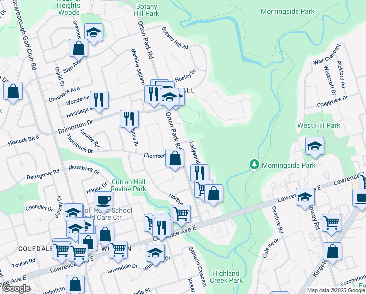 map of restaurants, bars, coffee shops, grocery stores, and more near 85 Orton Park Road in Toronto