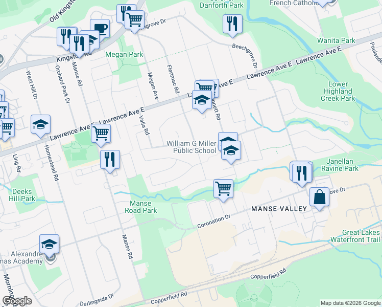 map of restaurants, bars, coffee shops, grocery stores, and more near 45 Wildlark Drive in Toronto