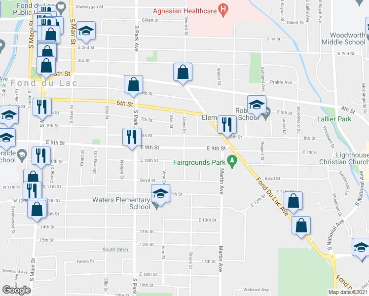 map of restaurants, bars, coffee shops, grocery stores, and more near Lloyd Street in Fond du Lac