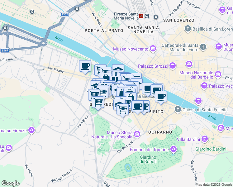 map of restaurants, bars, coffee shops, grocery stores, and more near 57 Via Santa Monaca in Firenze