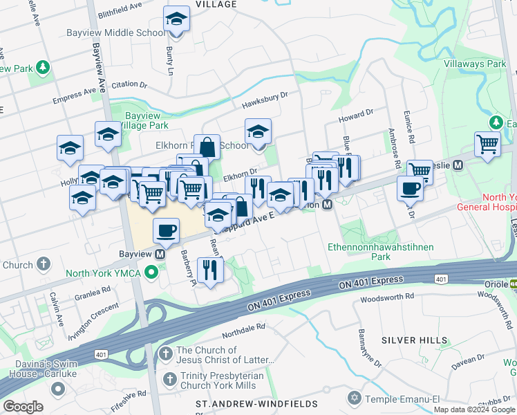 map of restaurants, bars, coffee shops, grocery stores, and more near in Toronto