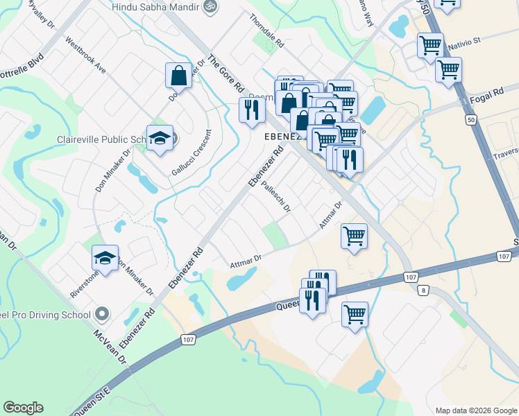 map of restaurants, bars, coffee shops, grocery stores, and more near 49 Crystalview Crescent in Brampton