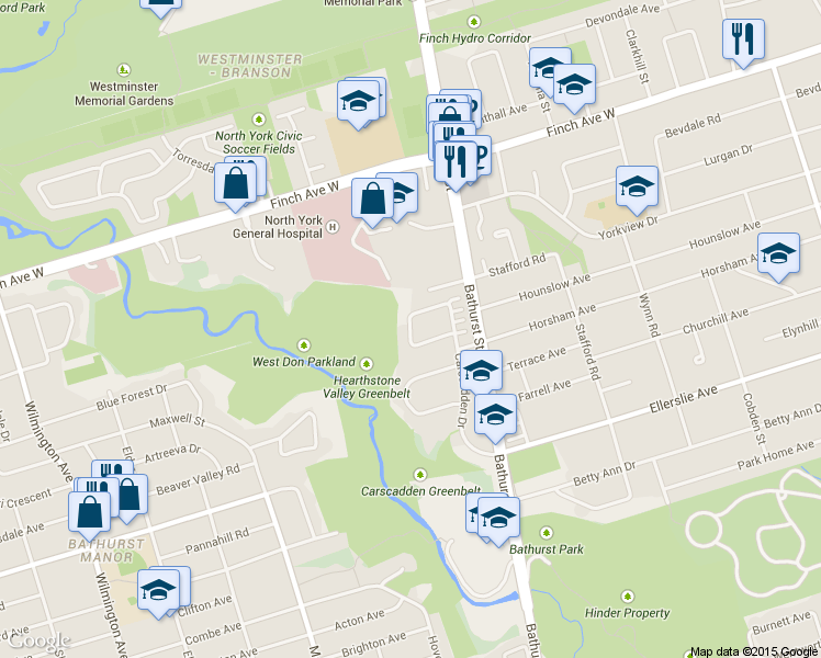 map of restaurants, bars, coffee shops, grocery stores, and more near 2-42 Denmark Crescent in Toronto