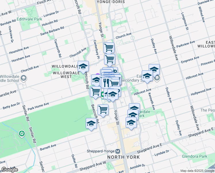 map of restaurants, bars, coffee shops, grocery stores, and more near 5095 Yonge Street in Toronto