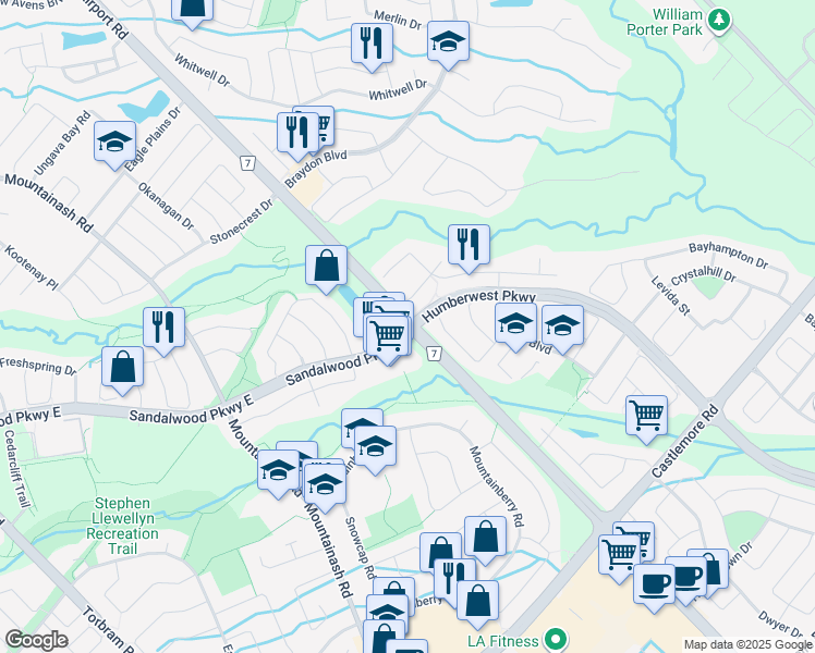 map of restaurants, bars, coffee shops, grocery stores, and more near Airport Rd & Sandalwood Pkwy E in Brampton