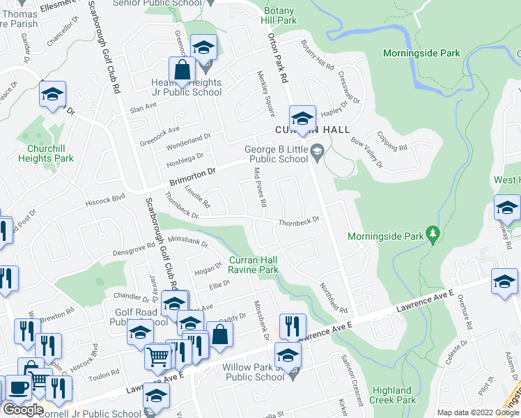 map of restaurants, bars, coffee shops, grocery stores, and more near 6 Mid Pines Road in Toronto